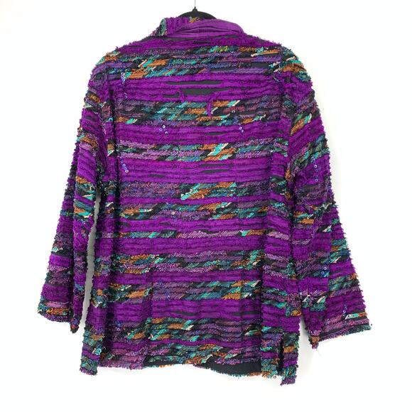 Chicos Design Shirt Jacket Womens Sz 2 US L Ruffle Purple Multicolor Silk Stripe - Picture 2 of 5